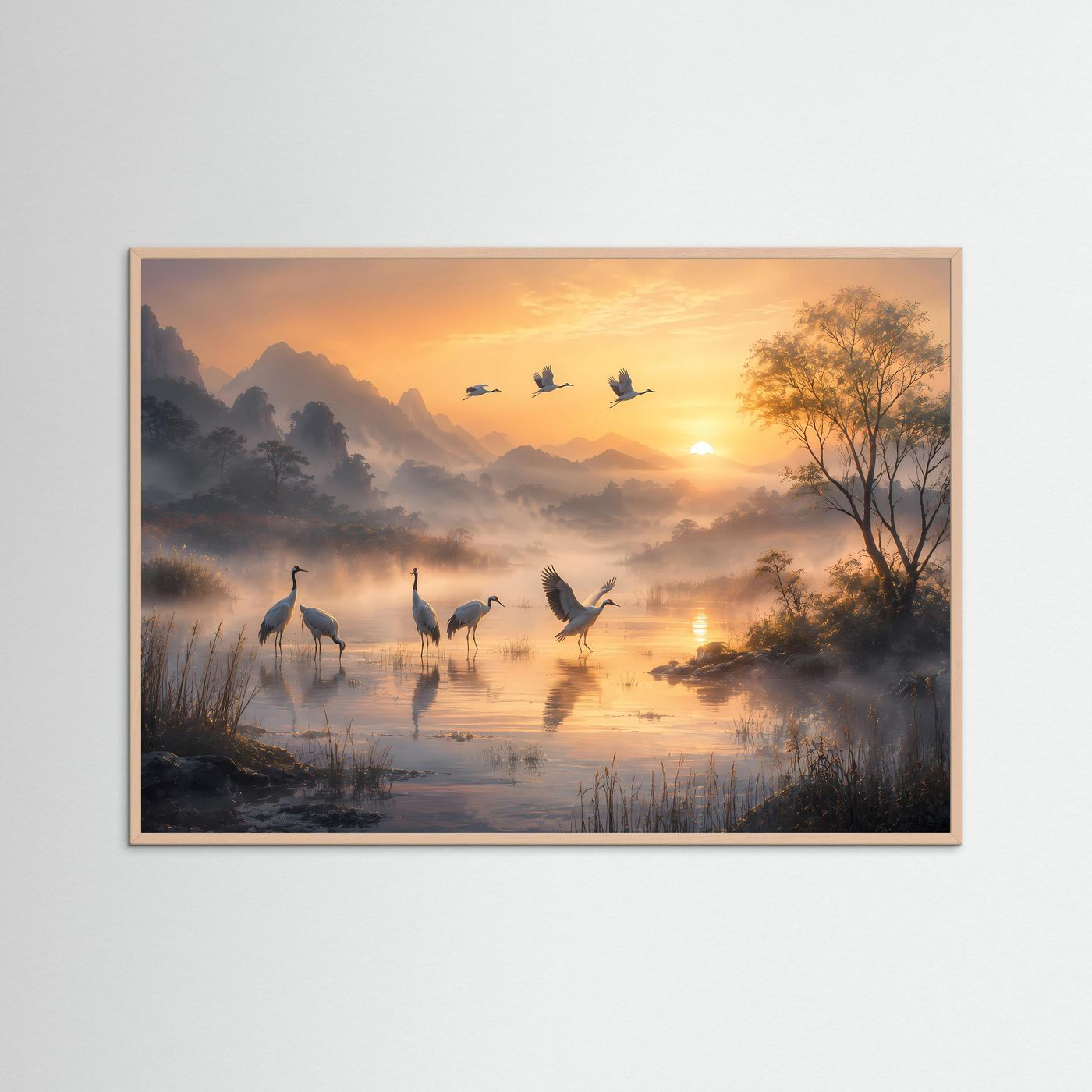 Kraniche im Morgennebel | Harmonisches Landschafts-Wandbild mit Sonnenaufgang