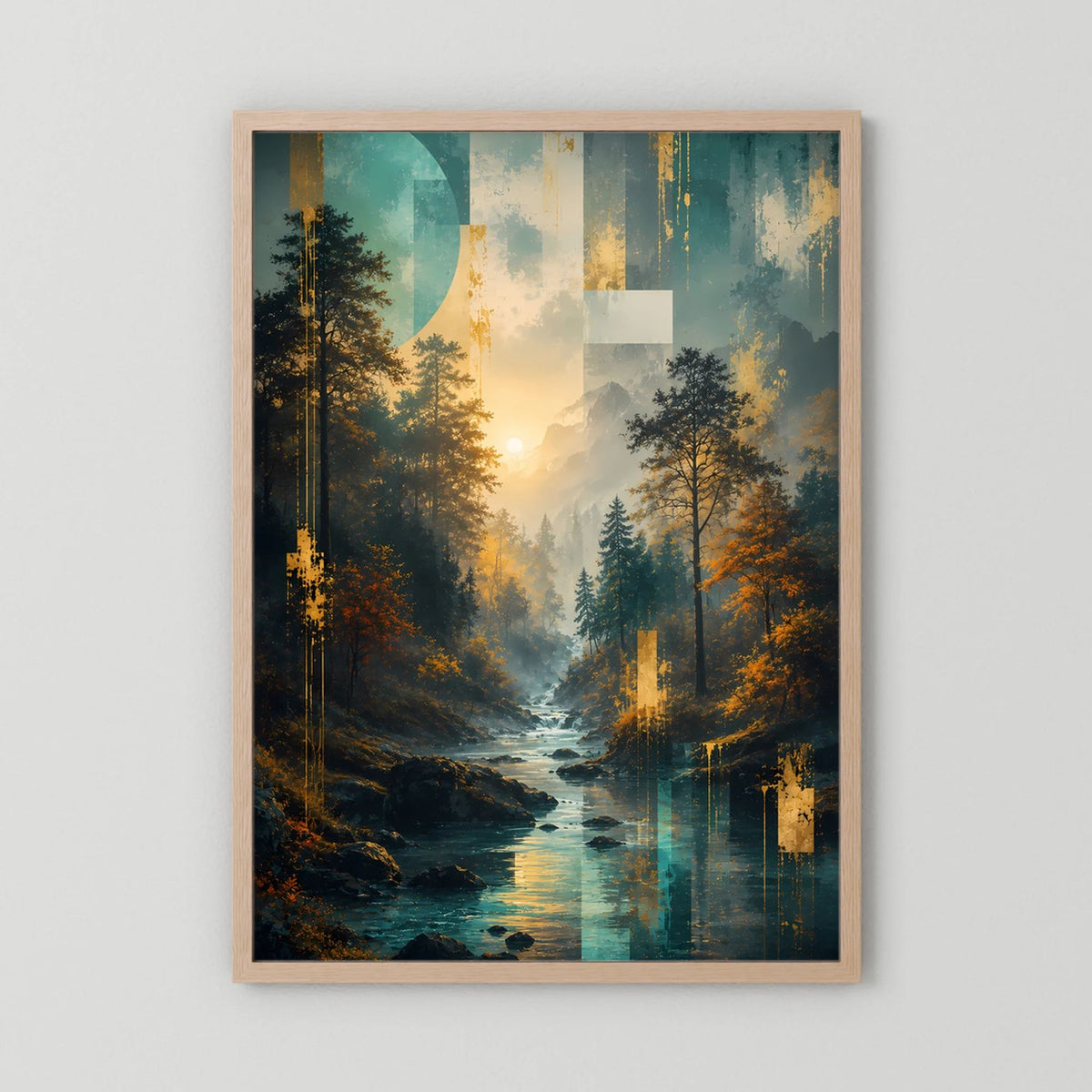 Poster Hochformat Wald- und Flusslandschaft, abstraktes Morgenlicht, Naturholzrahmen