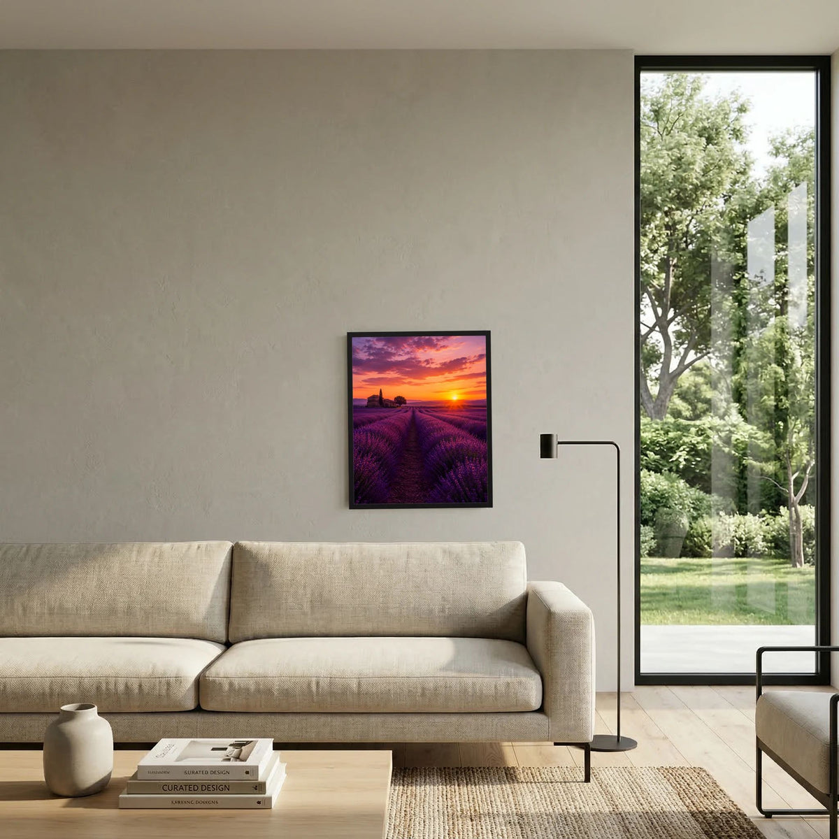 Kleines gerahmtes Landschaftsposter mit violettem Lavendelfeld und goldenem Sonnenuntergang