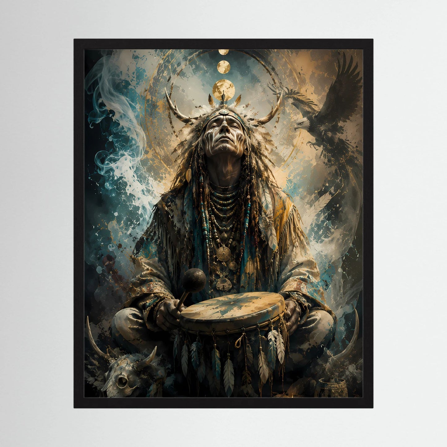 Gerahmtes Hochformat-Kunstposter mit Schamane, Adler und Trommel in Blau- und Goldtönen