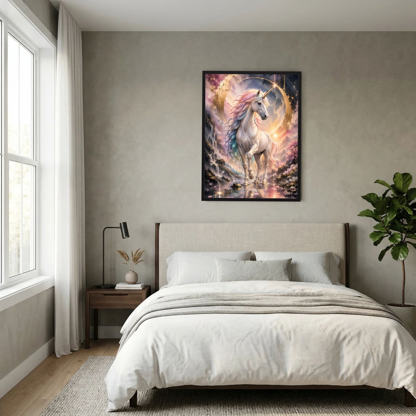 Einhorn-Poster: weißes geflügeltes Einhorn mit goldenem Kreis, Pastellfarben im Motiv.