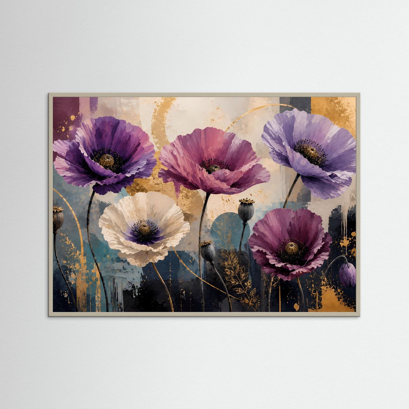 Abstrakte Mohnblumen-Leinwandkunst im Querformat mit grauem Rahmen