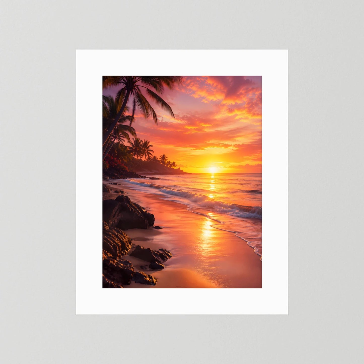 Hochformat-Poster tropischer Strand bei Sonnenuntergang mit Palmen und Meer, weißer Rand
