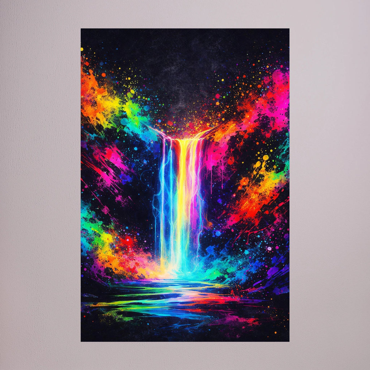 Neon-Wandposter: abstrakter Wasserfall mit buntem Farbsprüh-Effekt, Hochformat