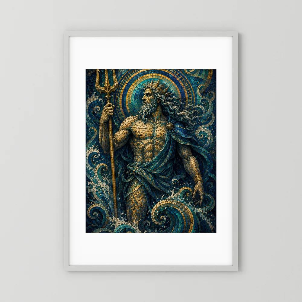 Poster im weißem Passepartout mit Poseidon-Mosaik, goldener Dreizackfigur