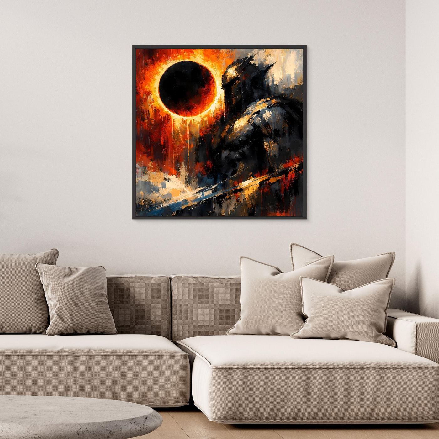 Abstraktes Fantasy-Wandbild: kosmischer Ritter mit Sonnenfinsternis, im schwarzen Rahmen