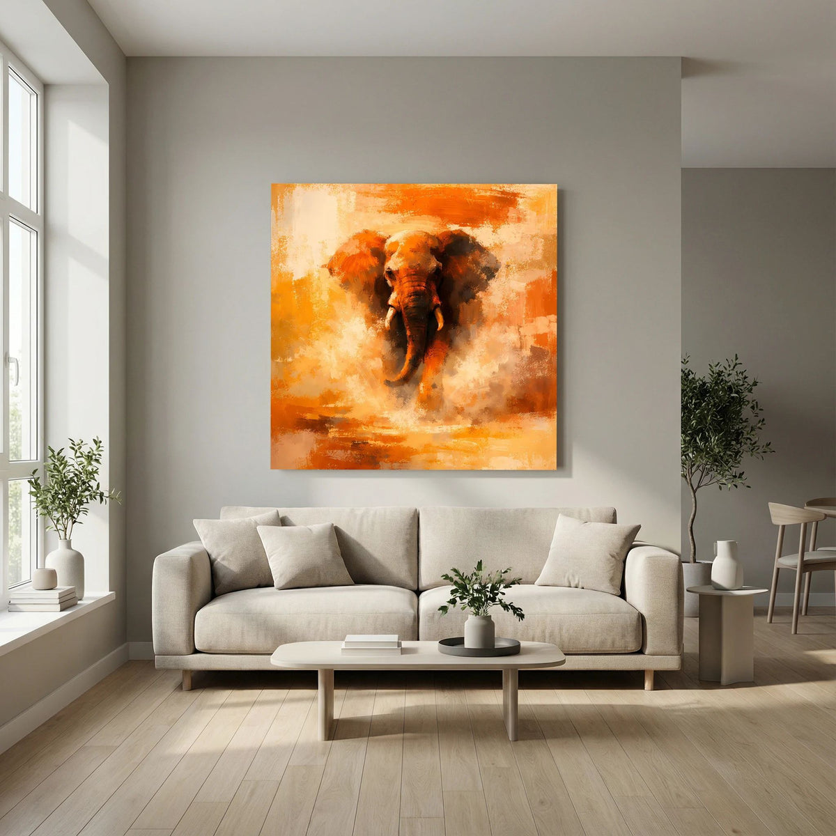 Leinwand Abstraktes Elefanten Gemälde | Modernes Kraftvolles Tier Wandbild Orange Ocker