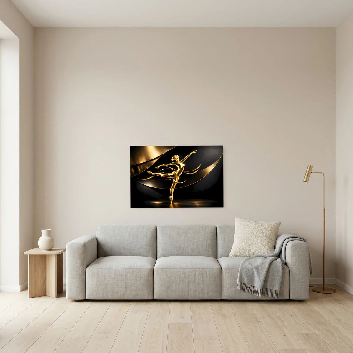 Wandbild mit goldener Ballerina und dunklem, kreisförmigem Hintergrundmotiv