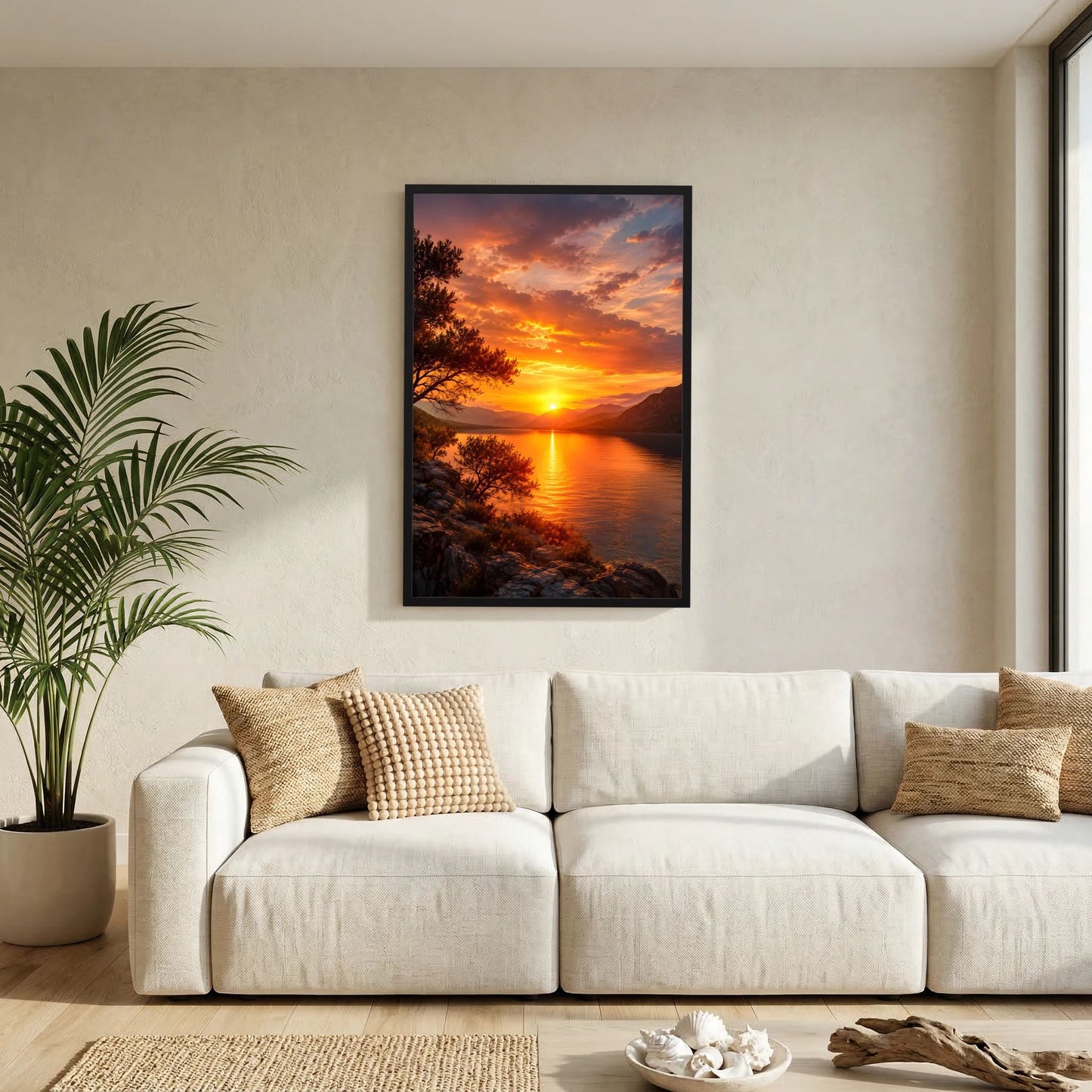 Hochformat-Poster Sonnenuntergang am See mit Bergen, schwarz gerahmt