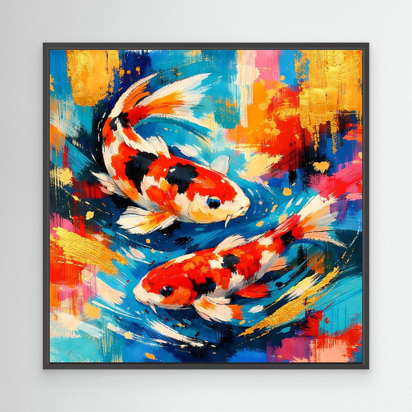 Leinwandbild mit zwei Koi-Fischen in abstraktem Design, Blau-Rot, schwarzer Rahmen