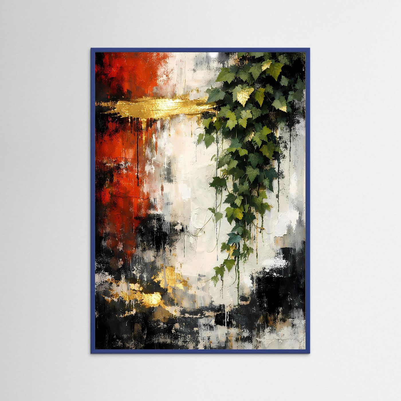 Kunstposter im Hochformat mit Efeublättern, goldenen Pinselstrichen, Rot- und Schwarzflächen im blauen Rahmen