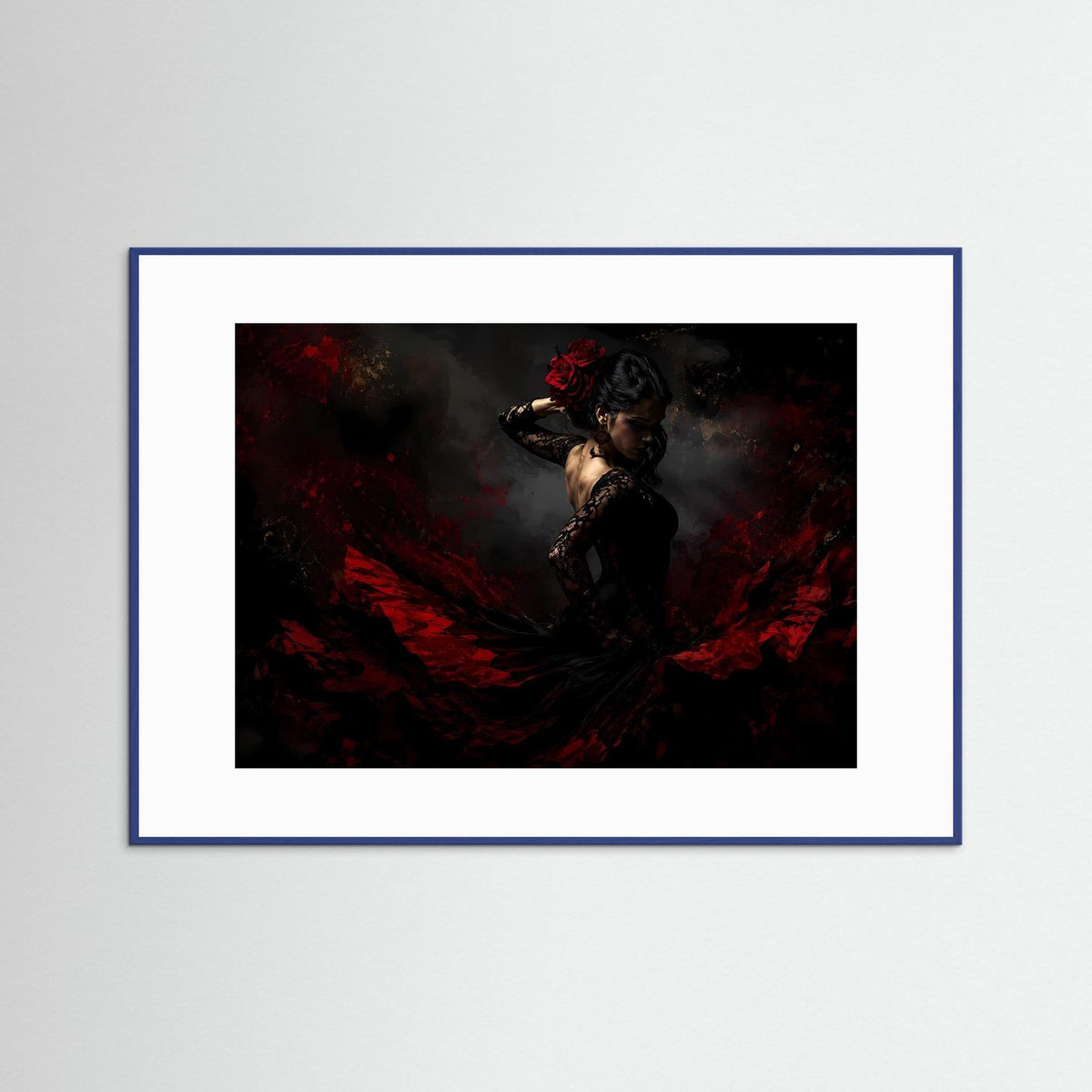Flamenco-Wandbild mit Tänzerin in Rot-Schwarz, blauer Rahmen, Querformat