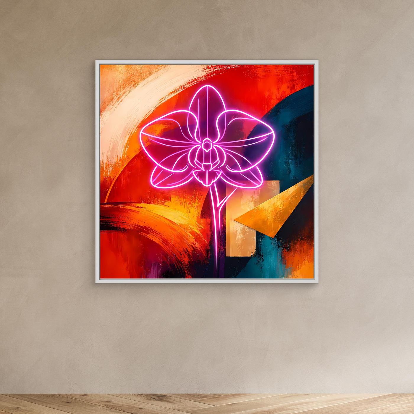 Abstraktes Leinwandbild mit leuchtender Neon-Orchidee in Pink, mit dunklem Rahmen