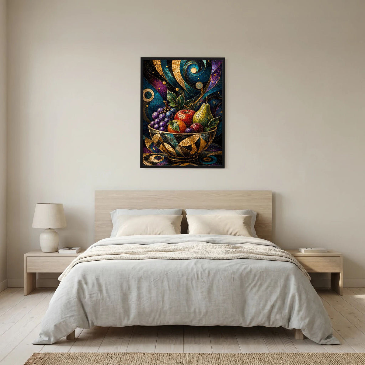 Hochformat-Poster mit bunter Mosaik-Obstschale und goldenen Ornamenten, im schwarzen Rahmen