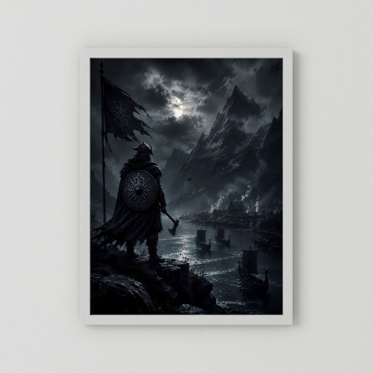 Hochformat-Poster mit Wikingerkrieger im Mondschein, weiße Einfassung
