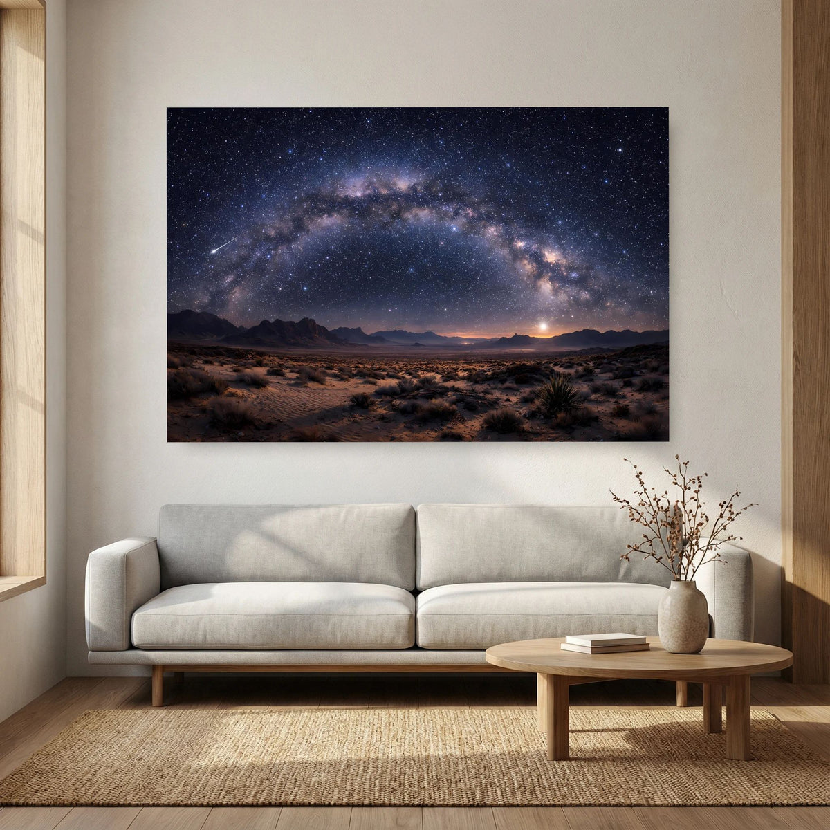 Wandbild Querformat mit Sternenhimmel, Milchstraße und Wüstenlandschaft bei Nacht