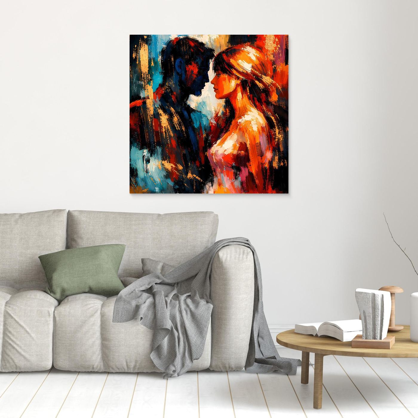 Leinwandbild Liebespaar abstrakt, klein an der Wand, bunte Pinselstriche.