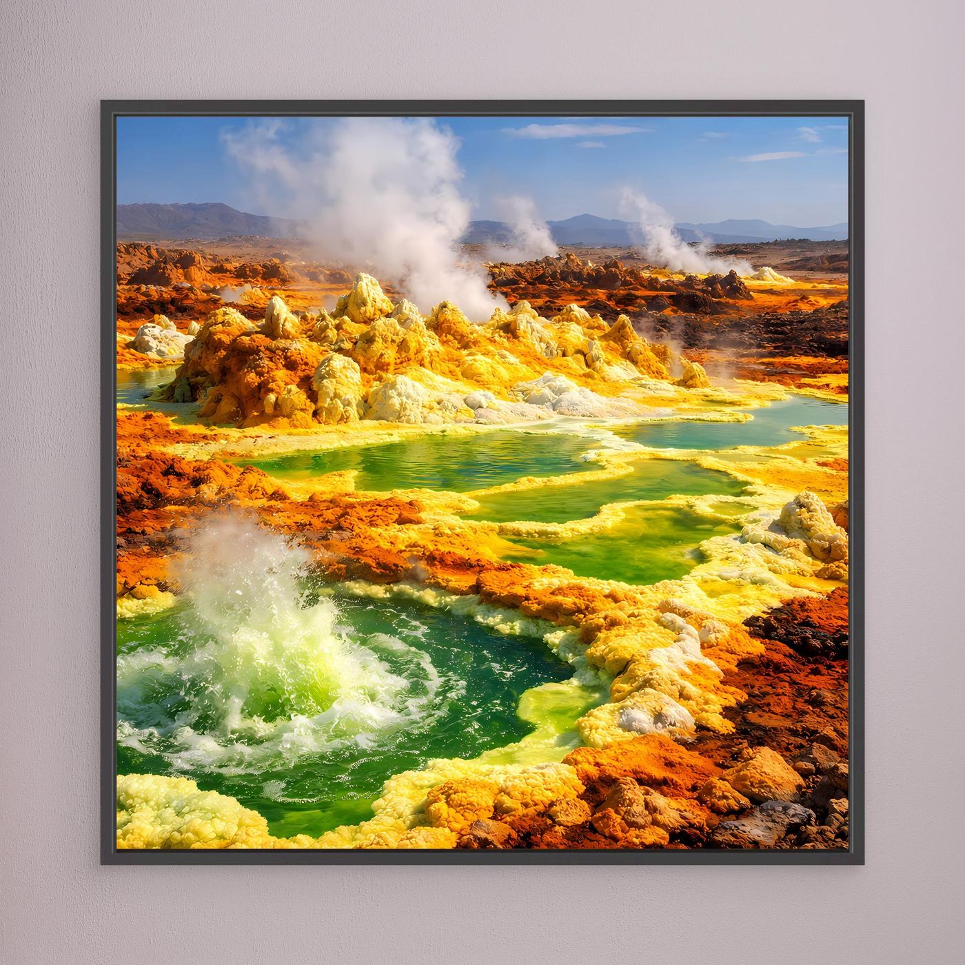 Gerahmtes Leinwandbild mit Dallol-Vulkan und hydrothermalen Quellen, grüne Wasserläufe