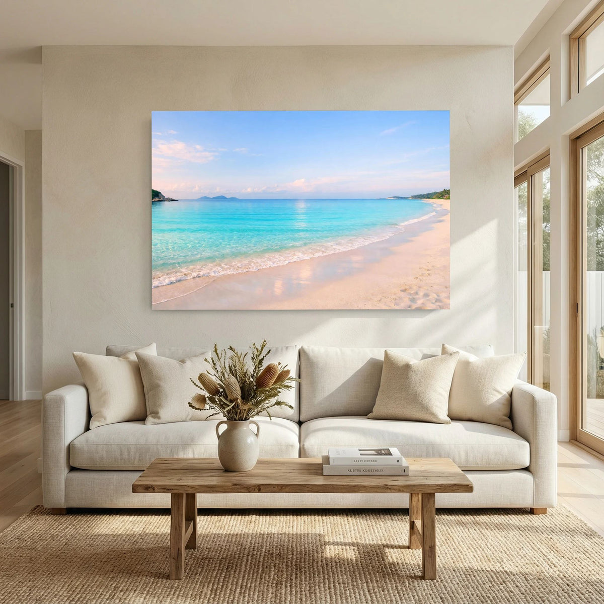 Wandbild im Querformat mit Sandstrand und türkisblauem Meer, ruhige Küstenlinie.