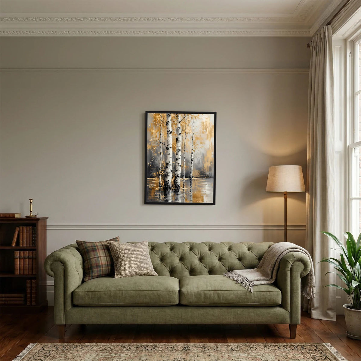 Gerahmtes Wandbild mit Birken in Gold und Weiß, Spiegelung im Wasser, hochformatig