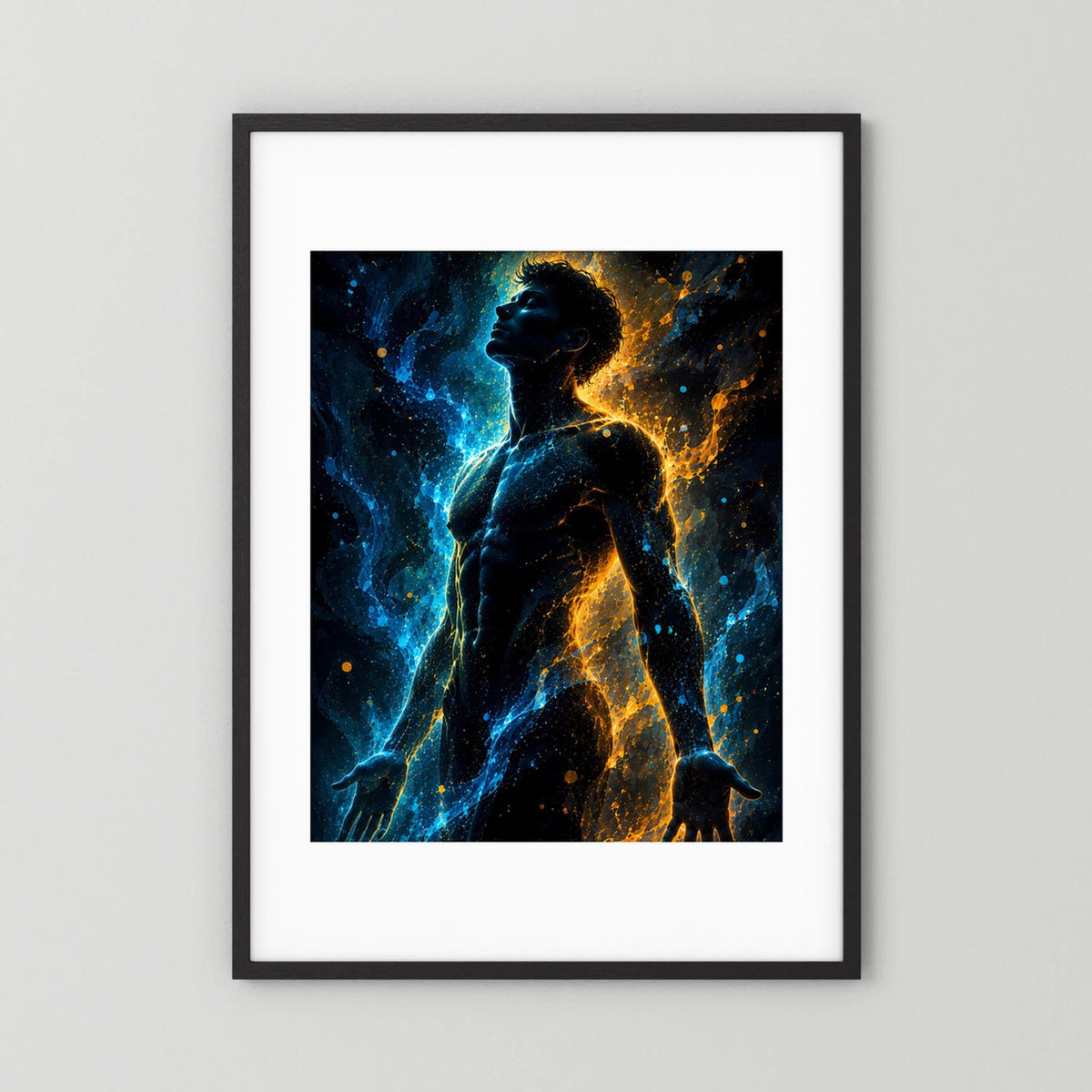 Hochformat-Poster mit männlicher Silhouette, blau-gold leuchtend, schwarzer Rahmen mit weißem Rand