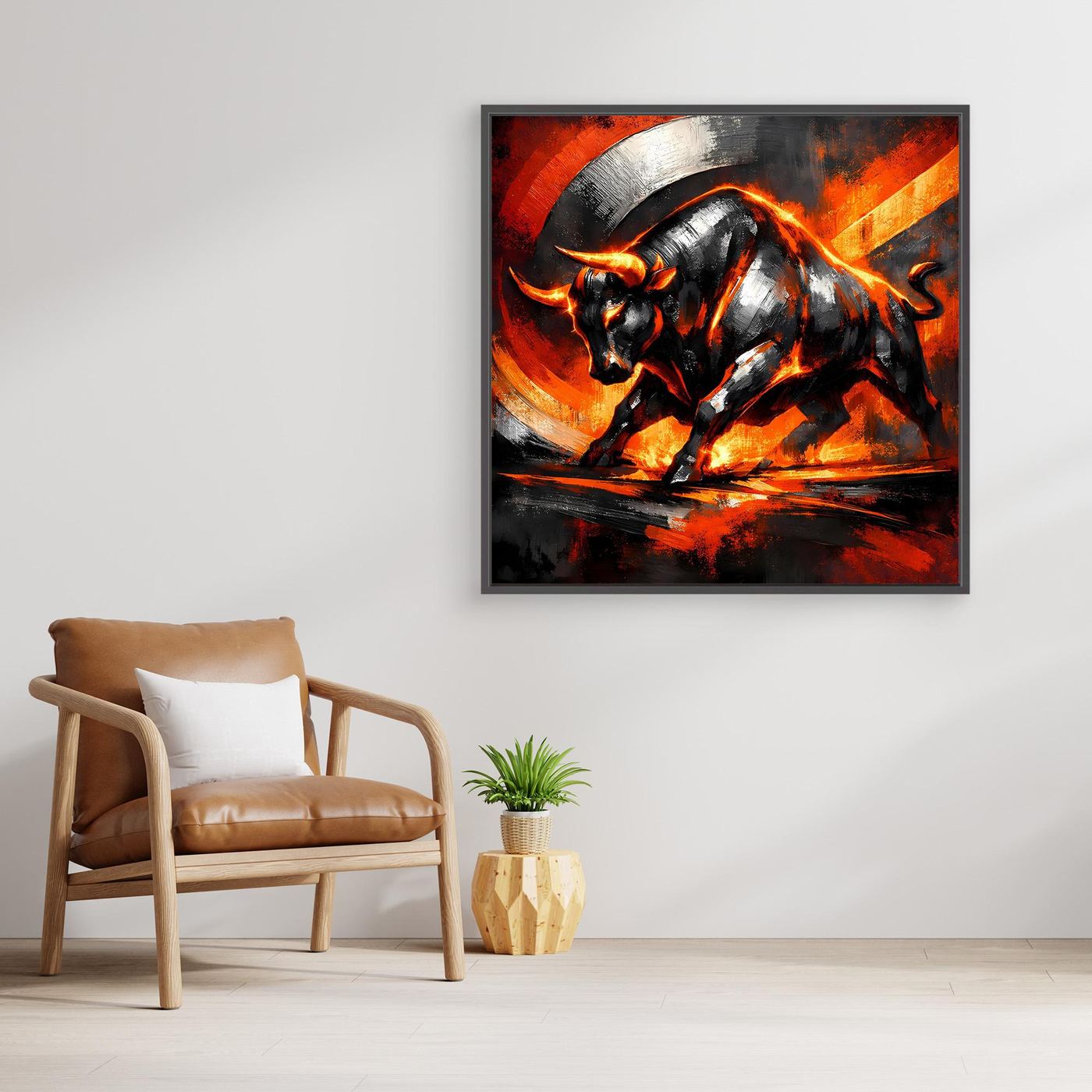 Abstraktes Leinwand-Wandbild: Stier in Flammen, schwarz-grau/Orange, mit schwarzem Rahmen