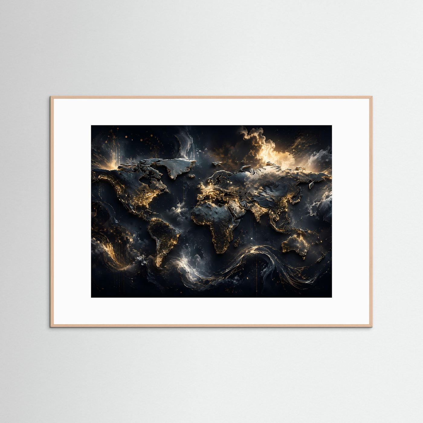 Weltkarte Gold Schwarz Poster | Moderne Weltkarte Wandbild | Luxus Fine Art | Abstrakte Landkarte | Panorama Leinwand