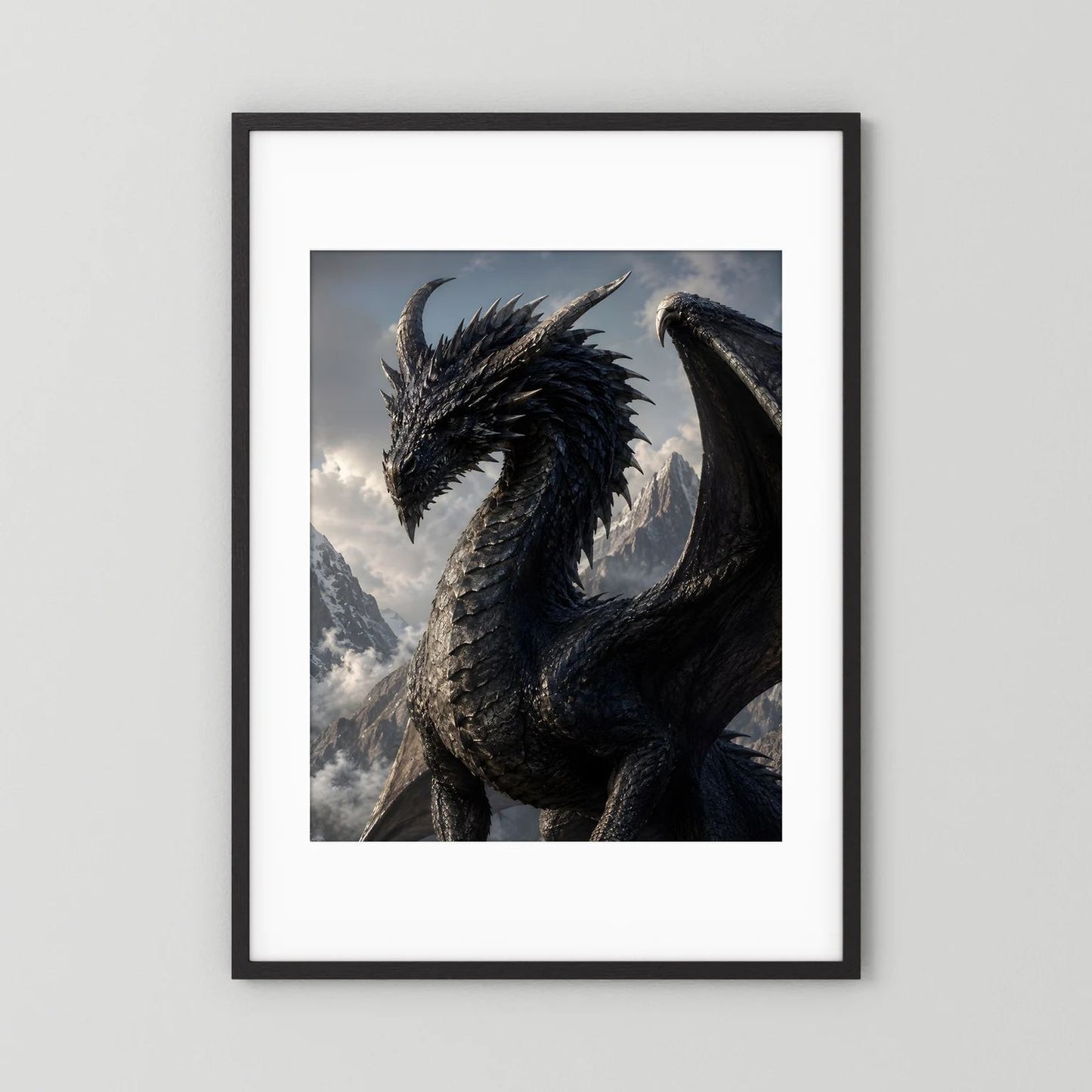 Fantasy-Drachenposter mit schwarzem Drachen in Berglandschaft, schwarzer Rahmen