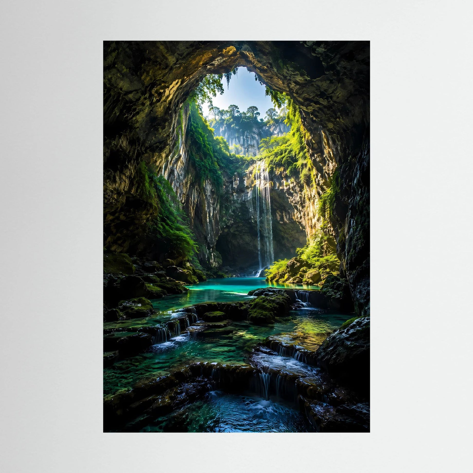 Kunstposter Hochformat mit Dschungelhöhle, Wasserfall und türkisfarbenem Bachlauf (Detailansicht)