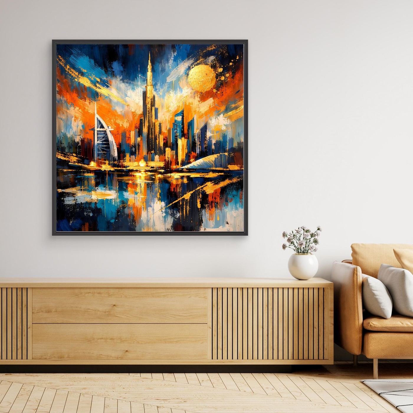 Leinwandbild mit abstrakter Dubai-Skyline, goldene Türme, schwarzer Rahmen