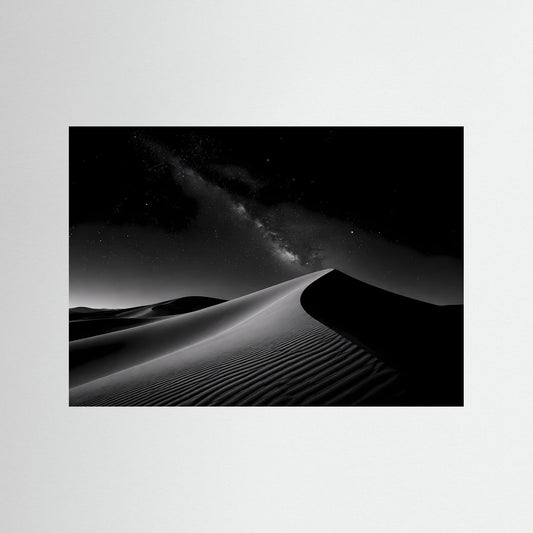 Poster mit Wüstenlandschaft im Schwarz-Weiß-Nachtstil, schwarze Einfassung