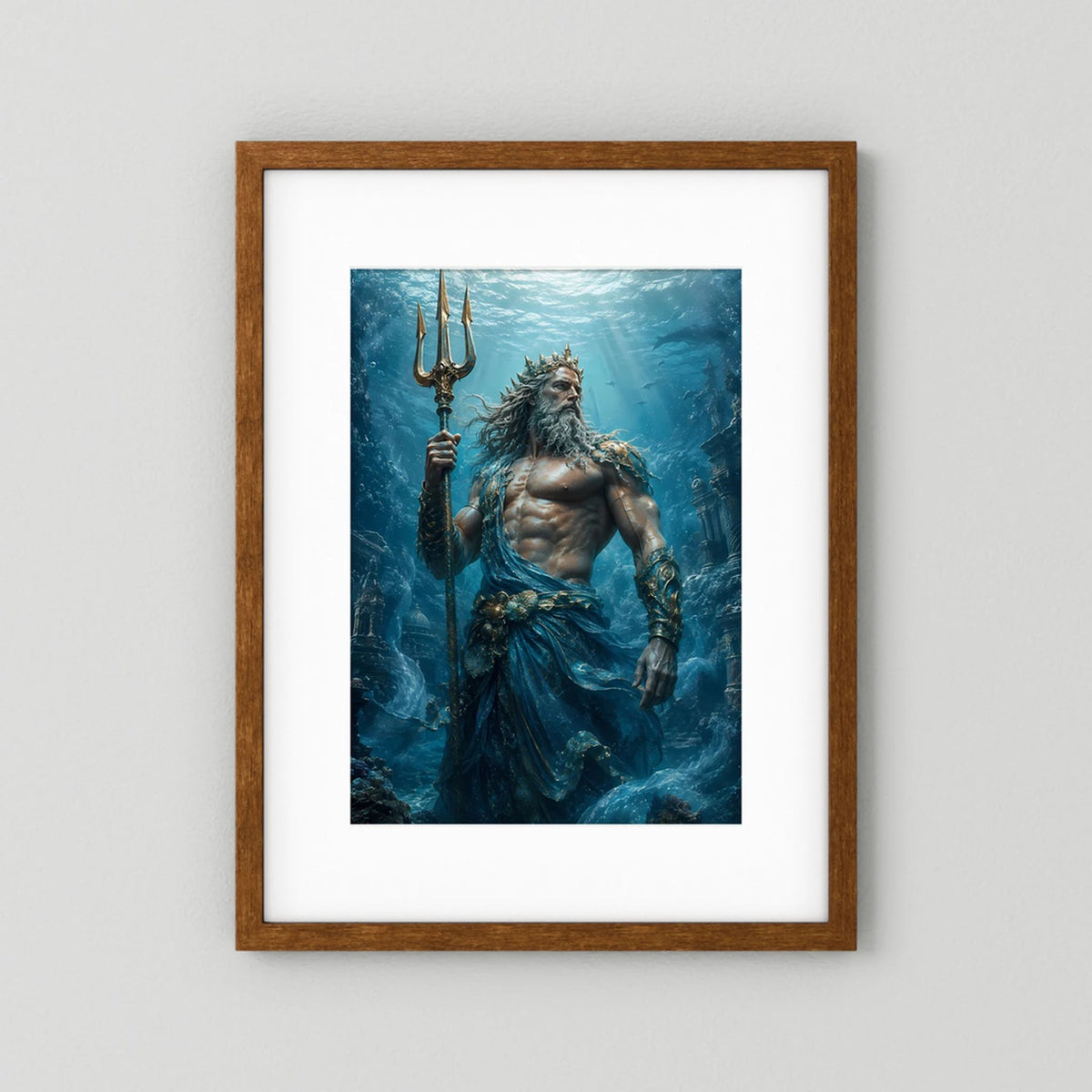 Vertikales Poster mit Poseidon und Dreizack, brauner Holzrahmen mit weißem Rand