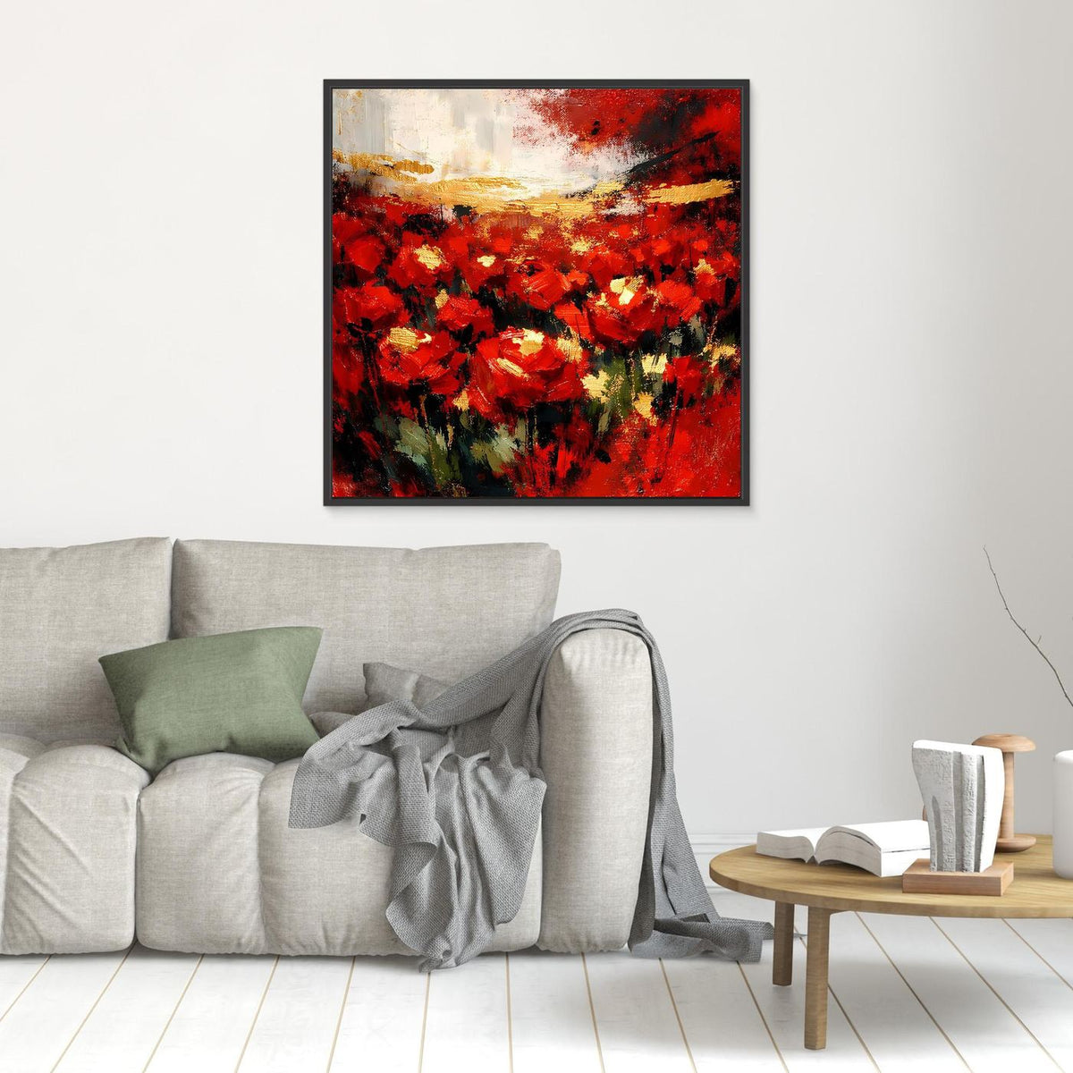 Wandbild mit abstraktem Blumenfeld, rote Blüten und Goldakzente, schwarzer Rahmen