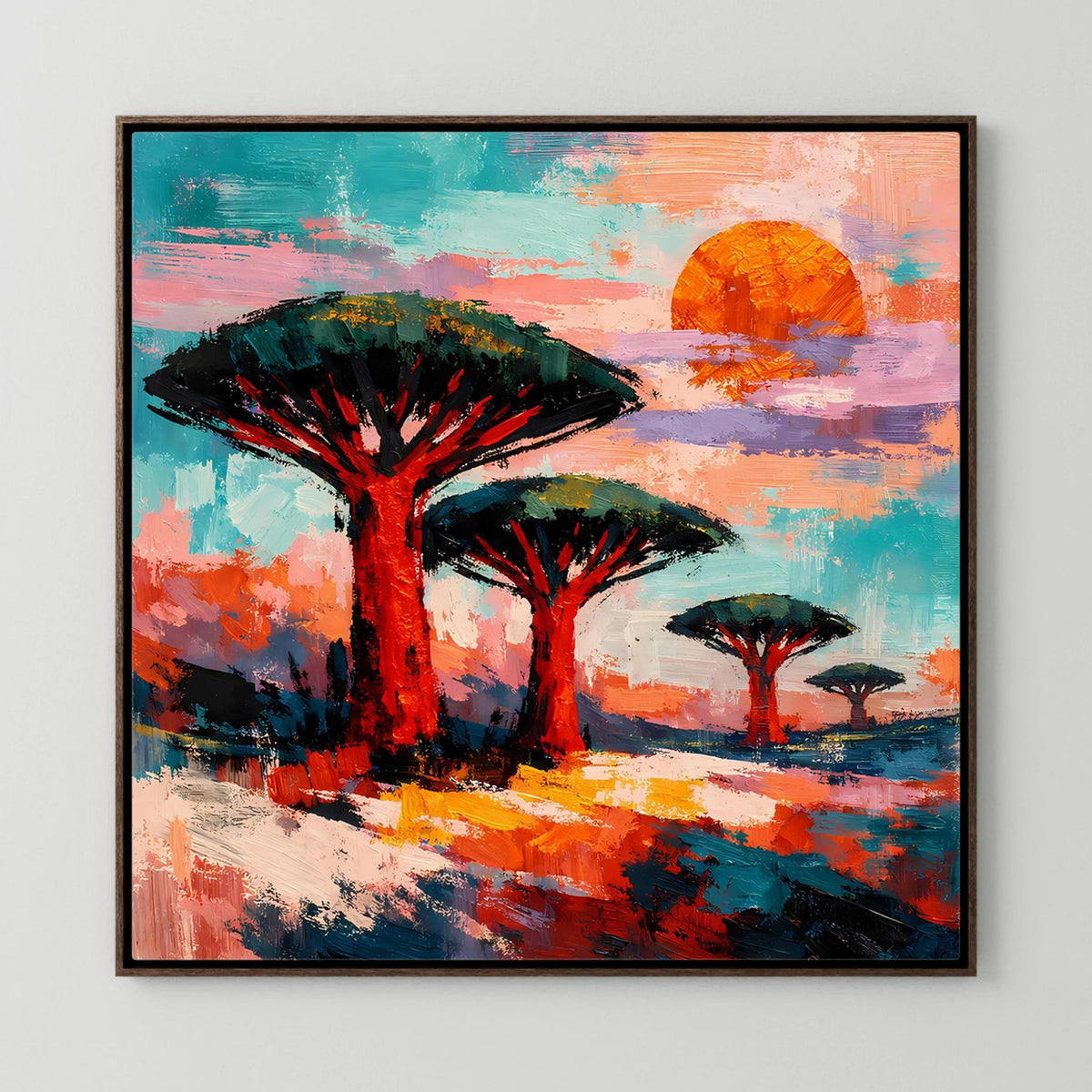 Abstraktes Wandbild mit Savannenbäumen, orangefarbene Sonne, dunkelbrauner Rahmen