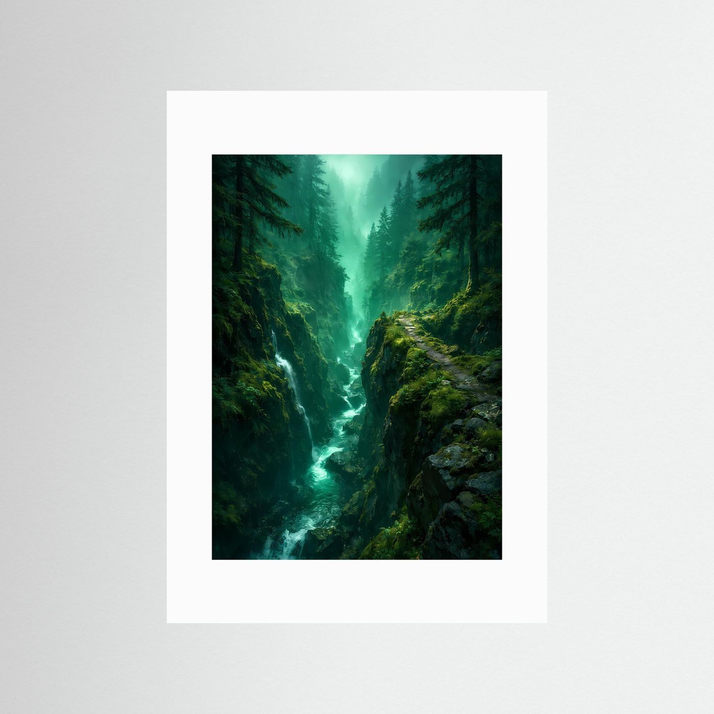 Wald-Poster mit weißem Passepartout: smaragdgrüne Schlucht, Wasserlauf, Tannen, Moos