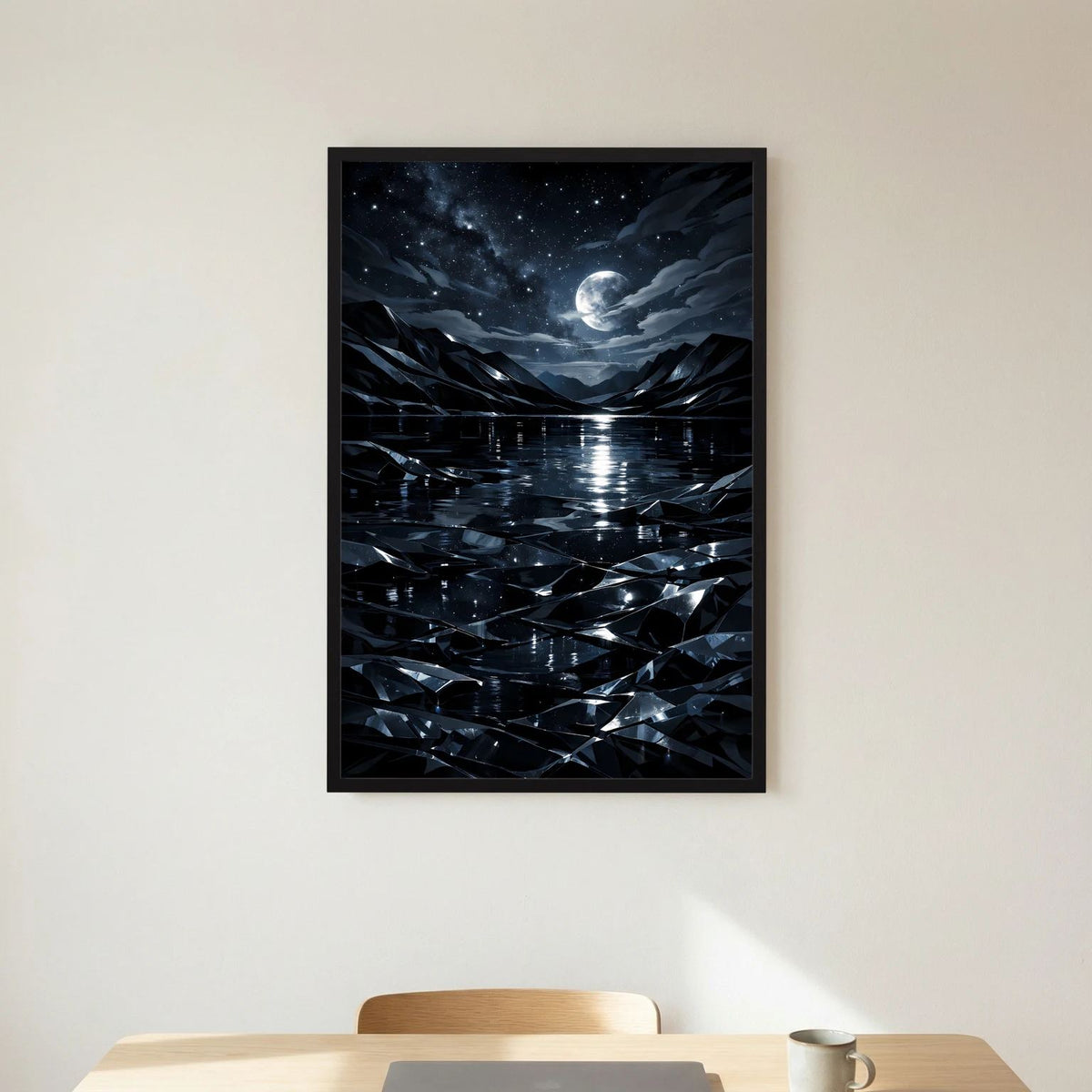 Hochformat-Poster mit Mond über Nachtbergen, Sternen am Himmel und reflektierendem Wasser