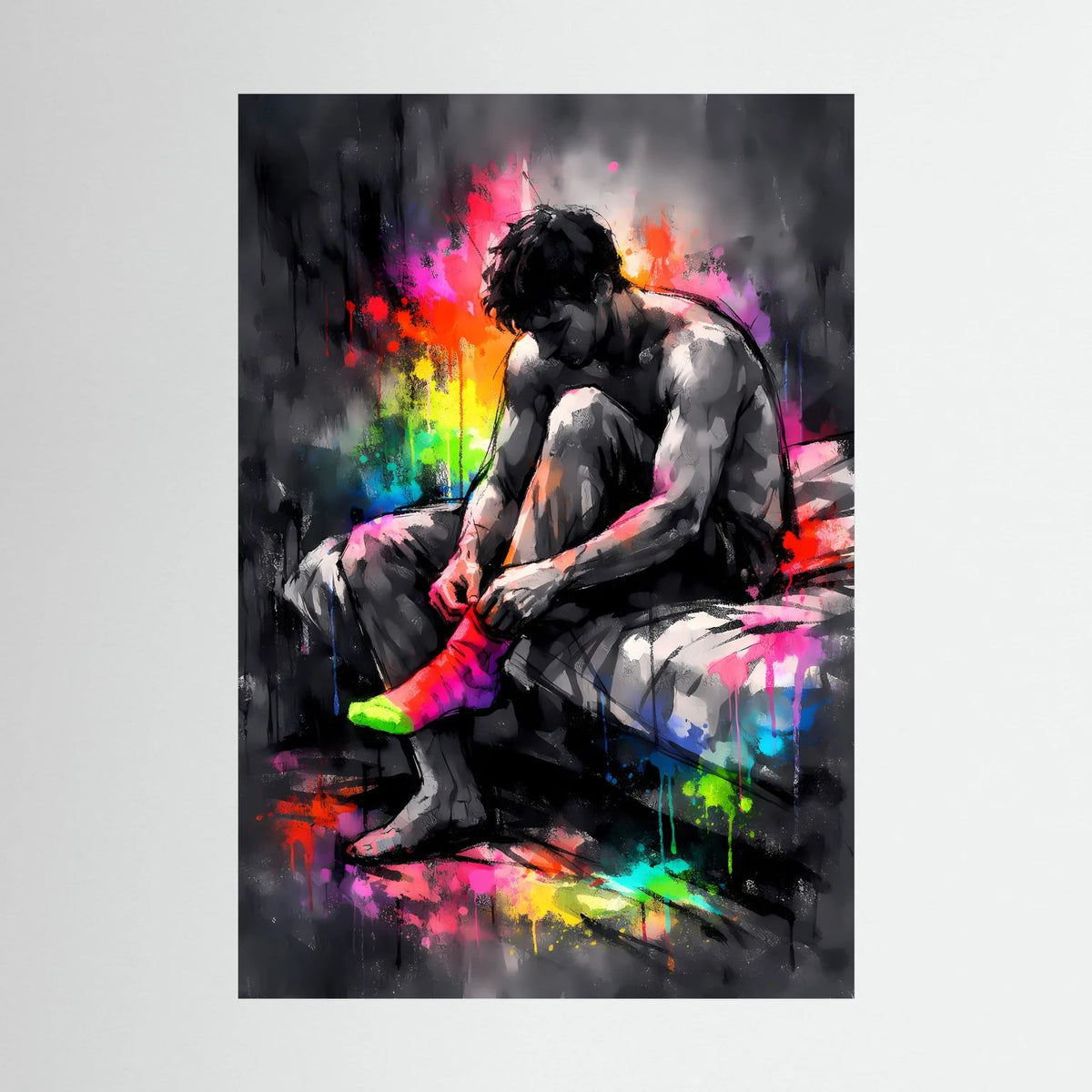Neon-Wandposter: Sportler zieht Socken an, schwarz-graue Figur mit bunten Farbspritzern