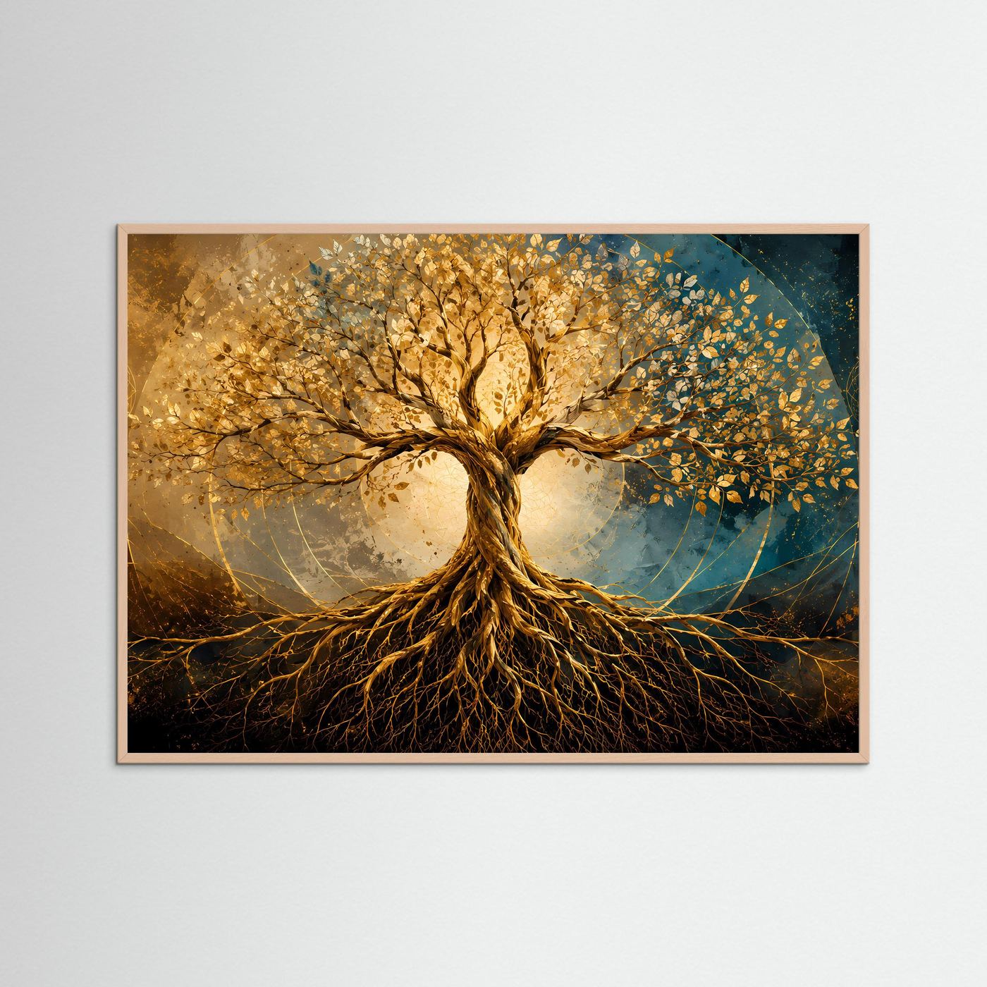 Baum des Lebens Poster | Goldener Lebensbaum mit Wurzeln | Spirituelle Wandkunst | Heilige Geometrie | Abstrakte Gold Schwarz Leinwand | Premium Wall Art