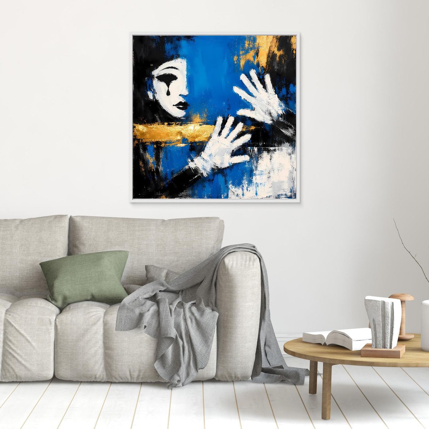 Leinwand Melancholischer Mime in Blau | Abstraktes Pierrot Wandbild Gold