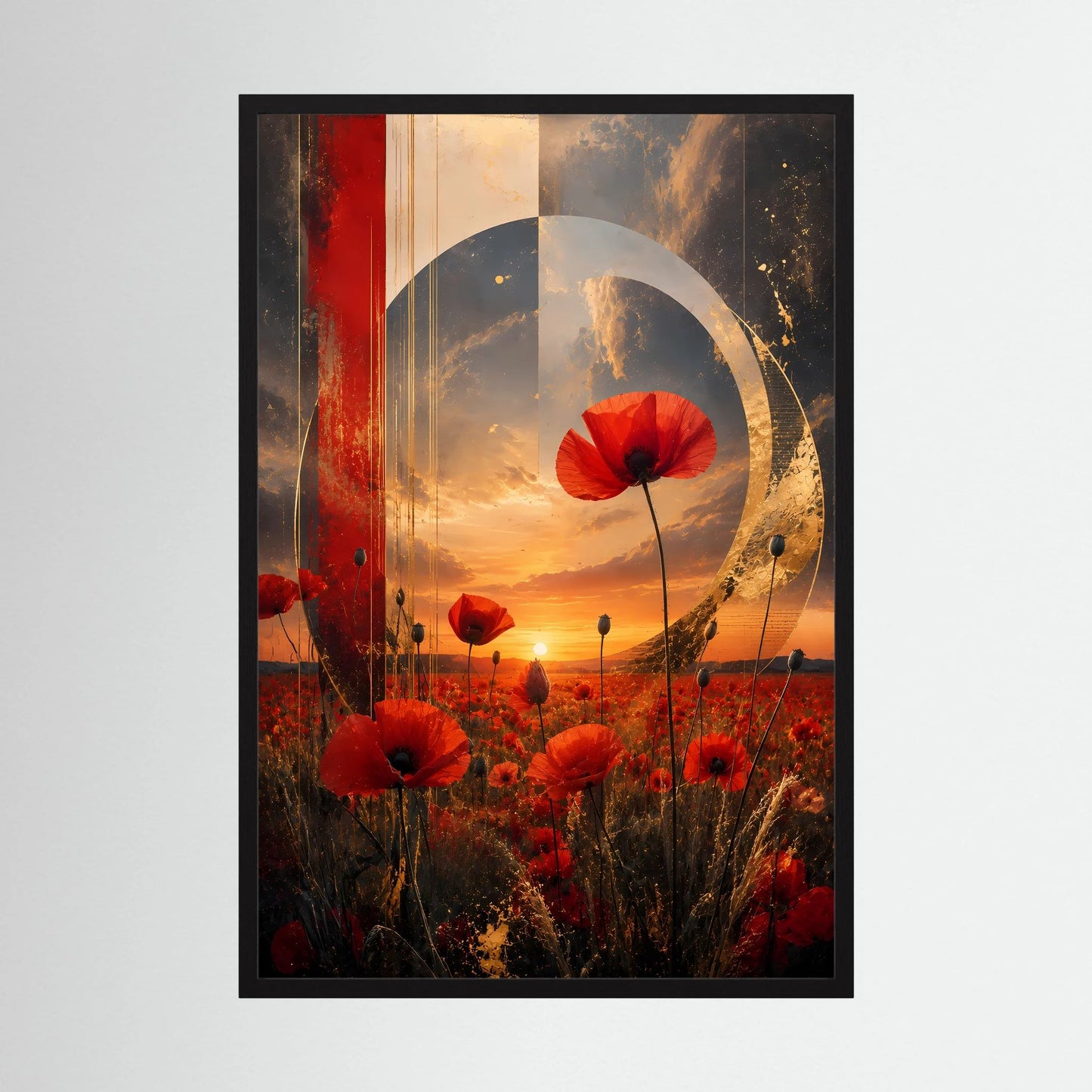 Kunstposter mit roten Mohnblüten und goldener Kreisform, schwarzer Rahmen