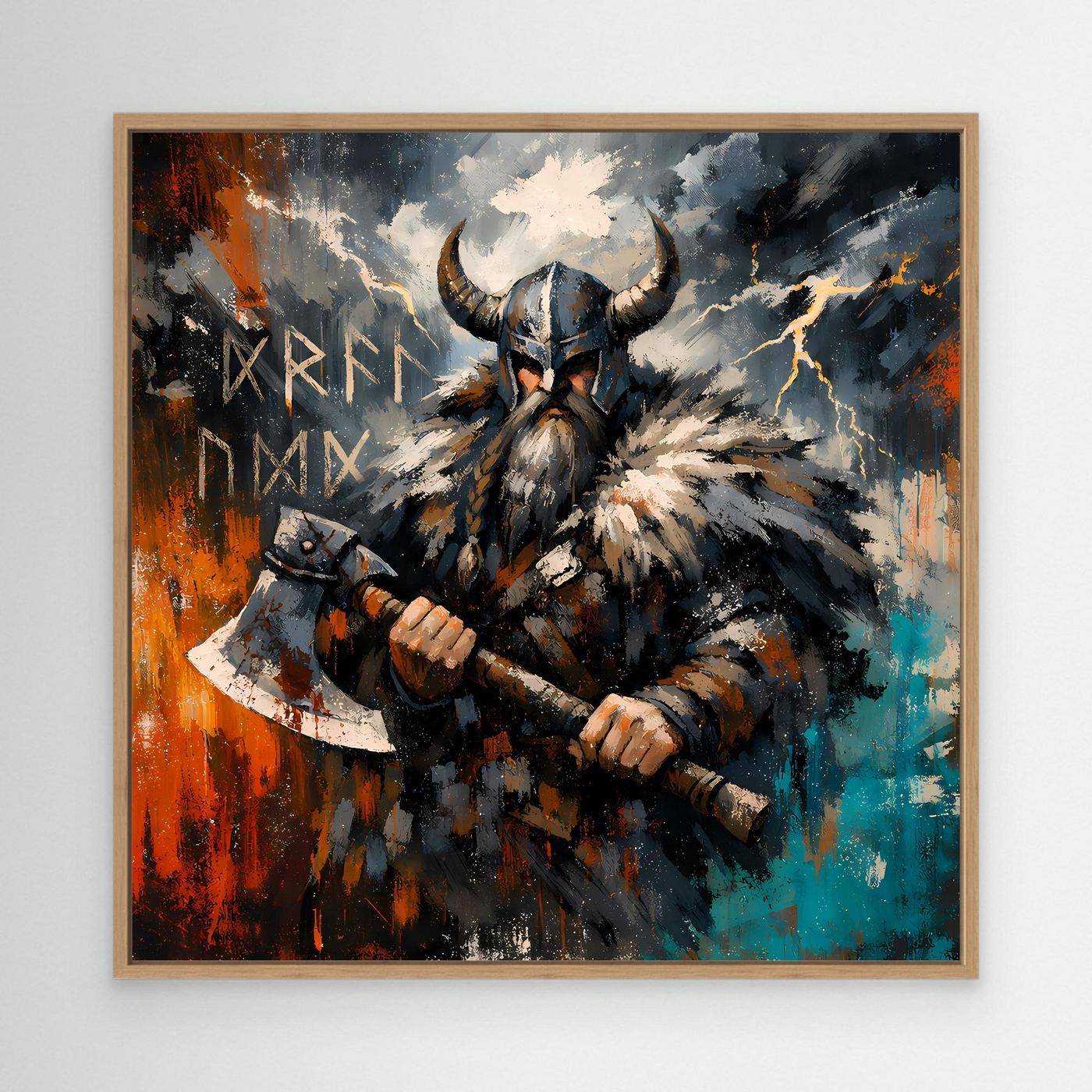 Leinwand-Wandbild: Wikingerkrieger mit Streitaxt im abstrakten Stil, mit hellem Holzrahmen