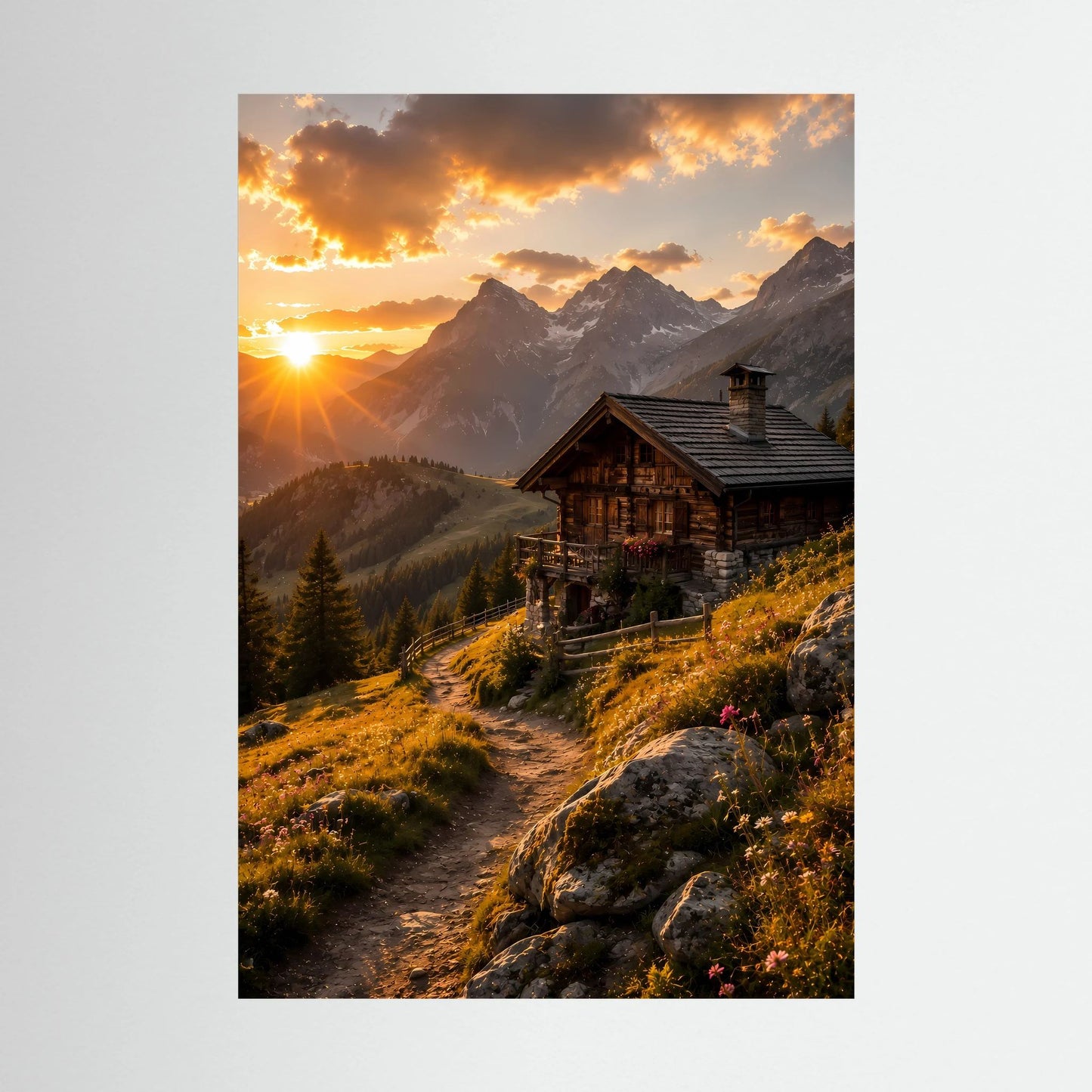 Hochformat-Poster: Holzberghütte am Bergpfad bei goldenem Sonnenuntergang