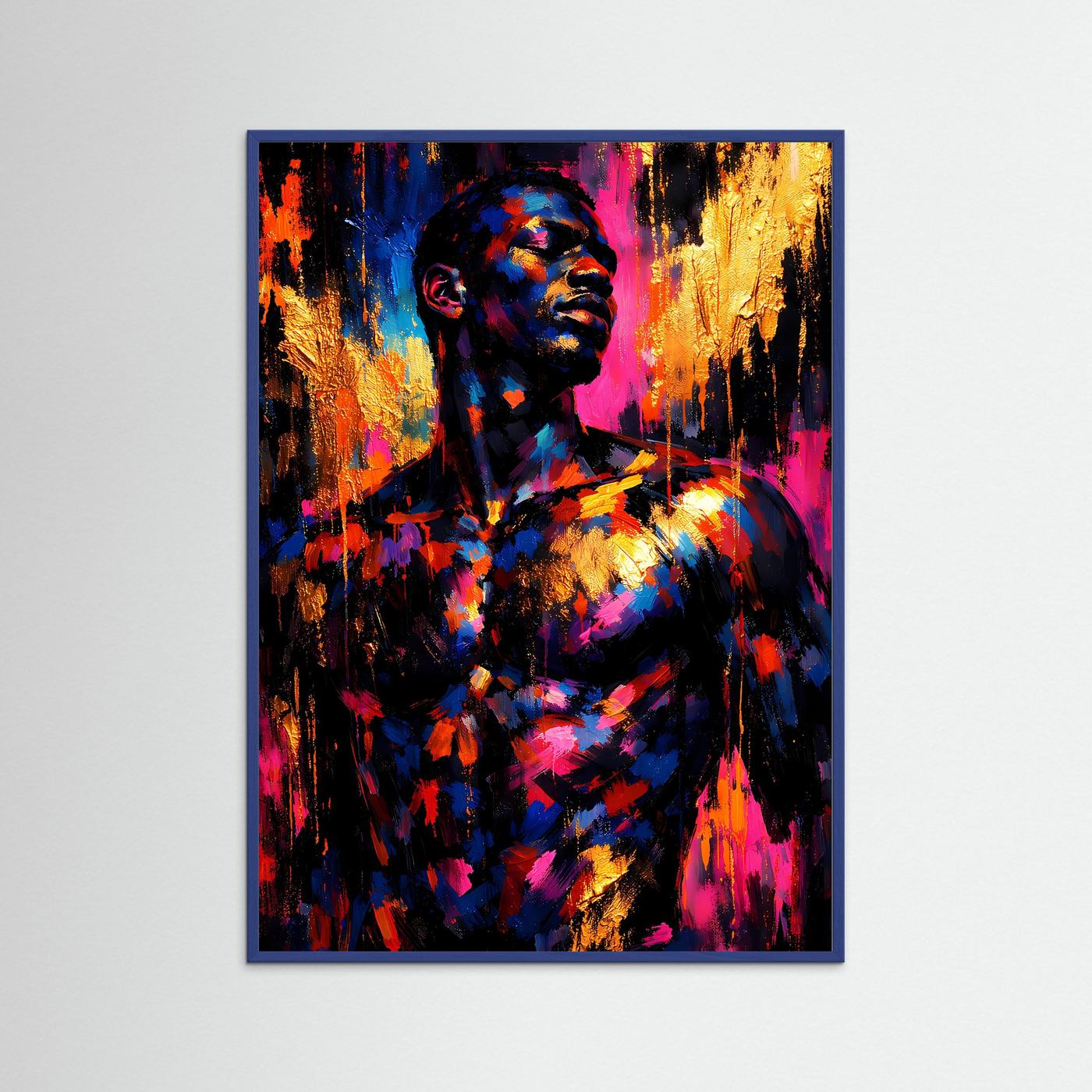 Abstraktes Kunstposter mit männlichem Porträt, Blau/Magenta/Gold, blauer Rahmen