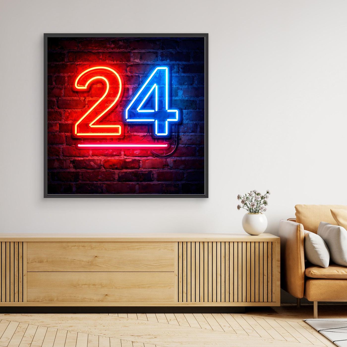 Leinwandbild Neon-Zahl 24 mit rotem und blauem Licht, schwarzer Rahmen