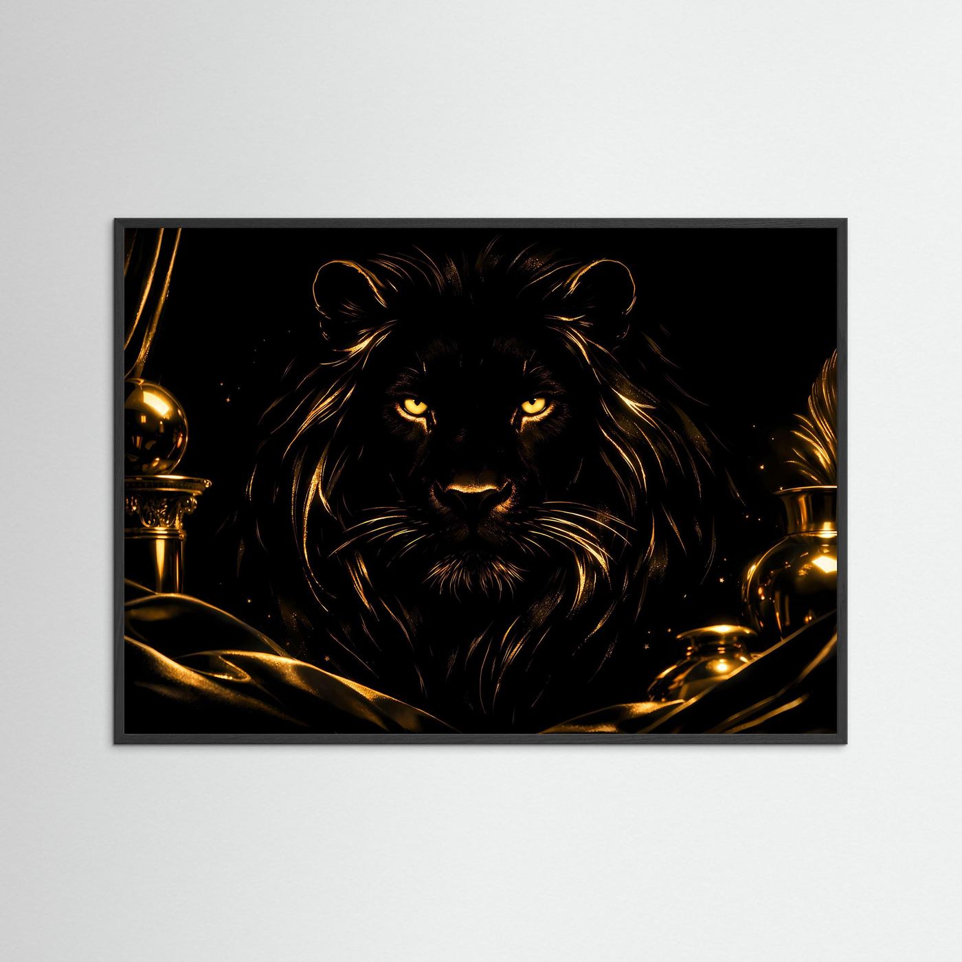 Majestätischer Schwarzer Löwe in Gold | Edles Tier Kunst & Luxus Wandbild Querformat