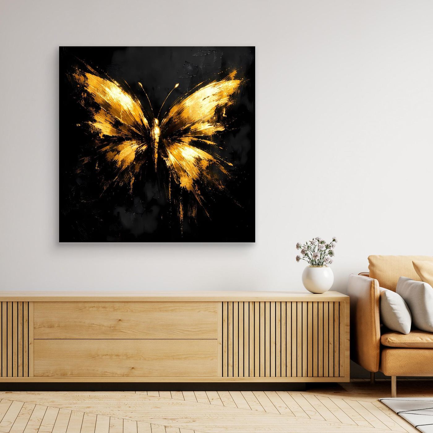 Leinwand Goldener Schmetterling auf Schwarz | Abstraktes Luxus Wandbild