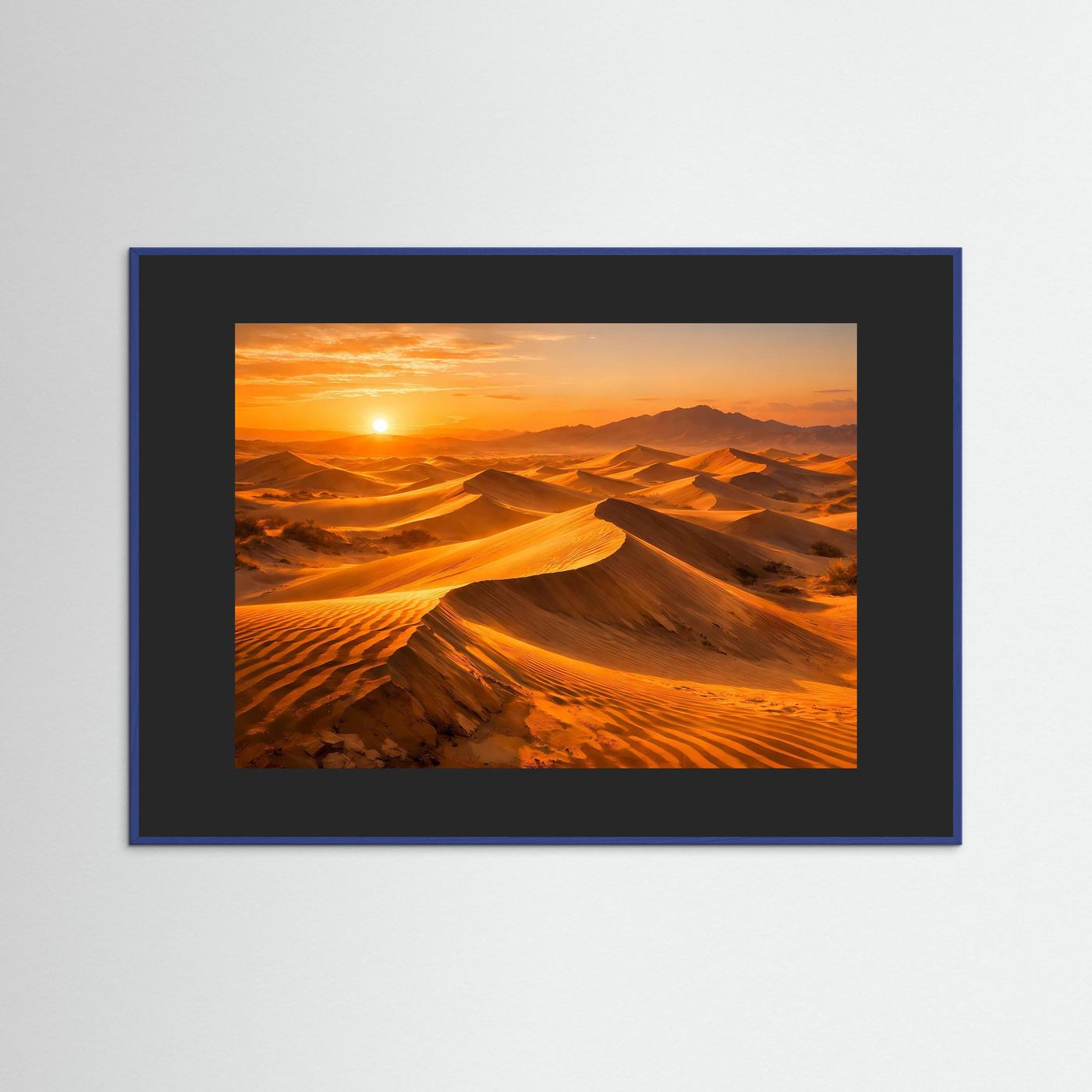 Wandbild-Poster mit Wüstenlandschaft im Abendlicht, blau eingefasst