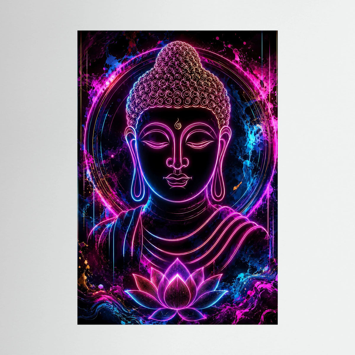 Neon-Buddha im Lotus, leuchtendes Rahmenbild mit schwarzem Rand, frontal.