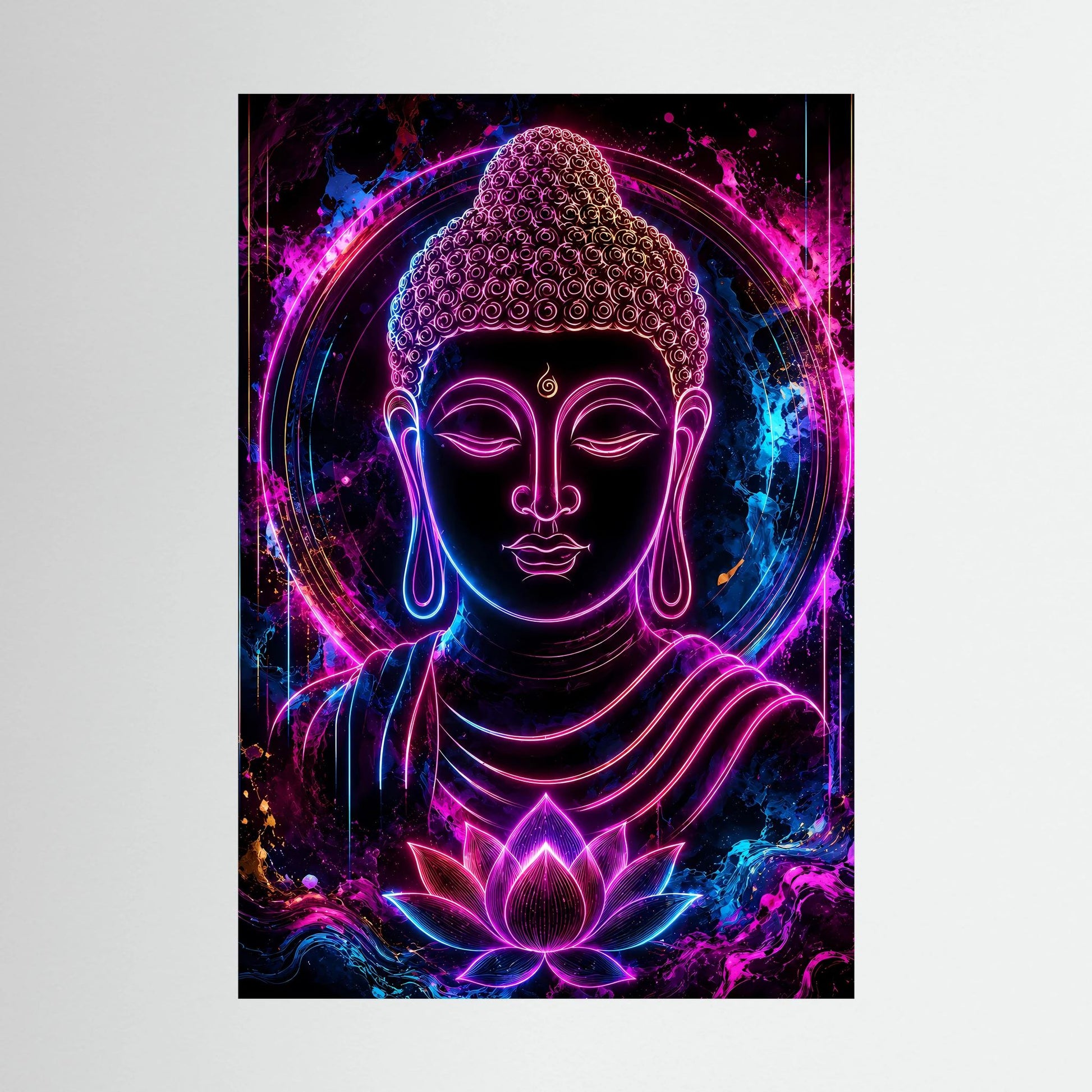Neon-Buddha im Lotus, leuchtendes Rahmenbild mit schwarzem Rand, frontal.