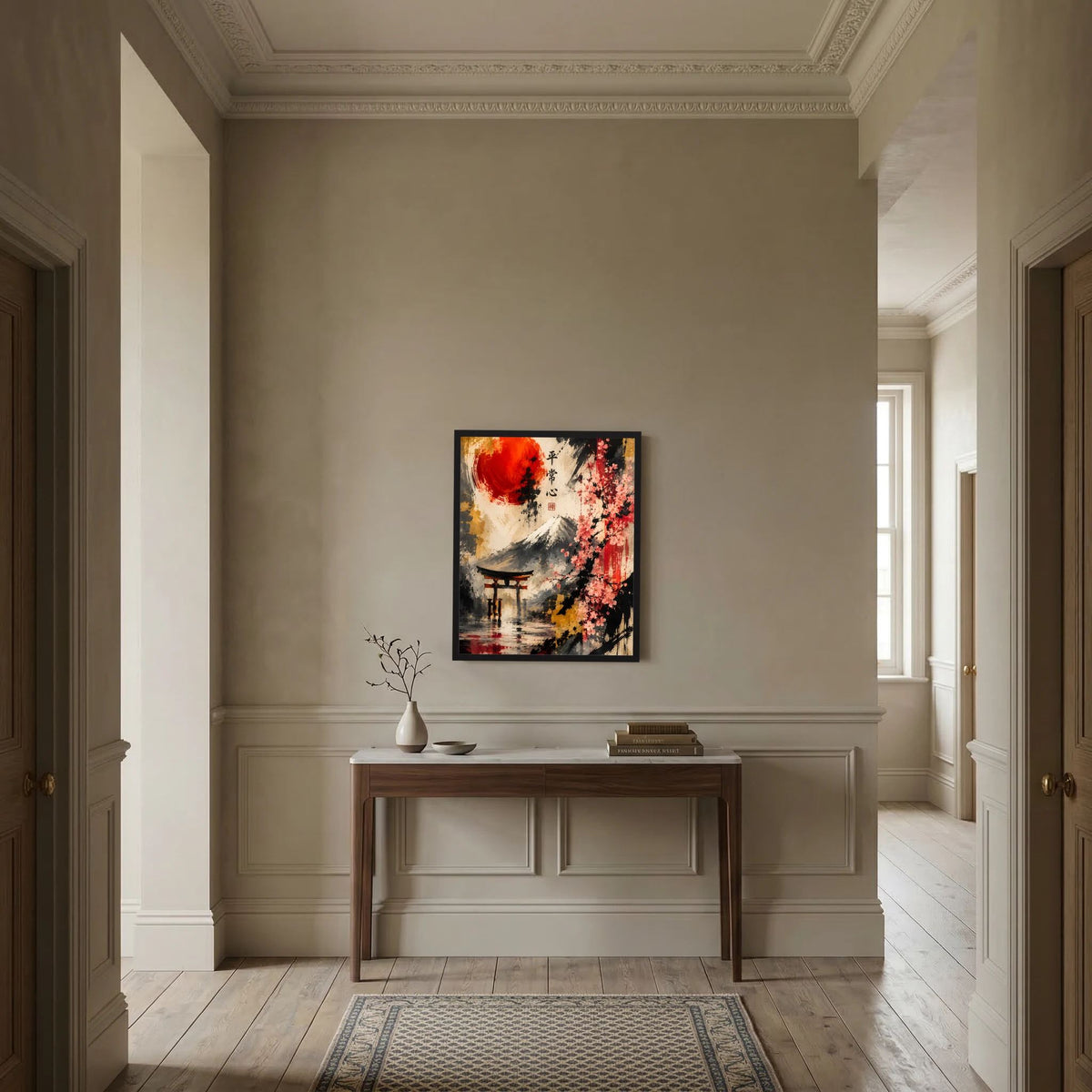 Kunstposter: abstrakter Fuji mit roter Sonne und Kirschblüten, schwarz gerahmt
